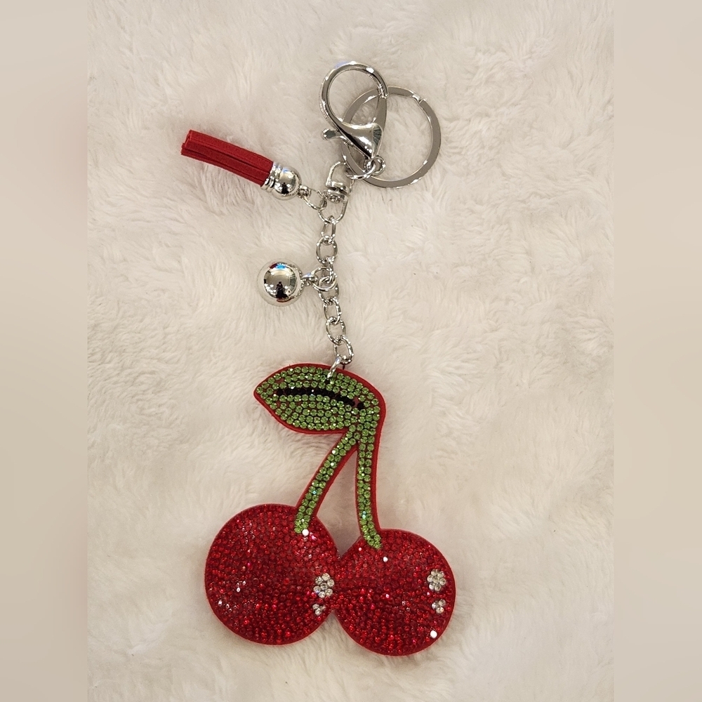 Red Cherry Keychain with Green Leaf Accents Bag Charm